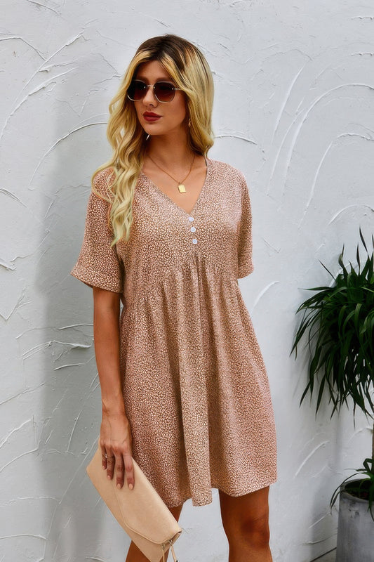Khaki Button V Neck Short Sleeve Tunic Short Dress - Tigbul's Variety Fashion Shop