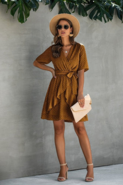 V Neck Ruffled Hem Wrap Above Knee Dress - Tigbul's Variety Fashion Shop