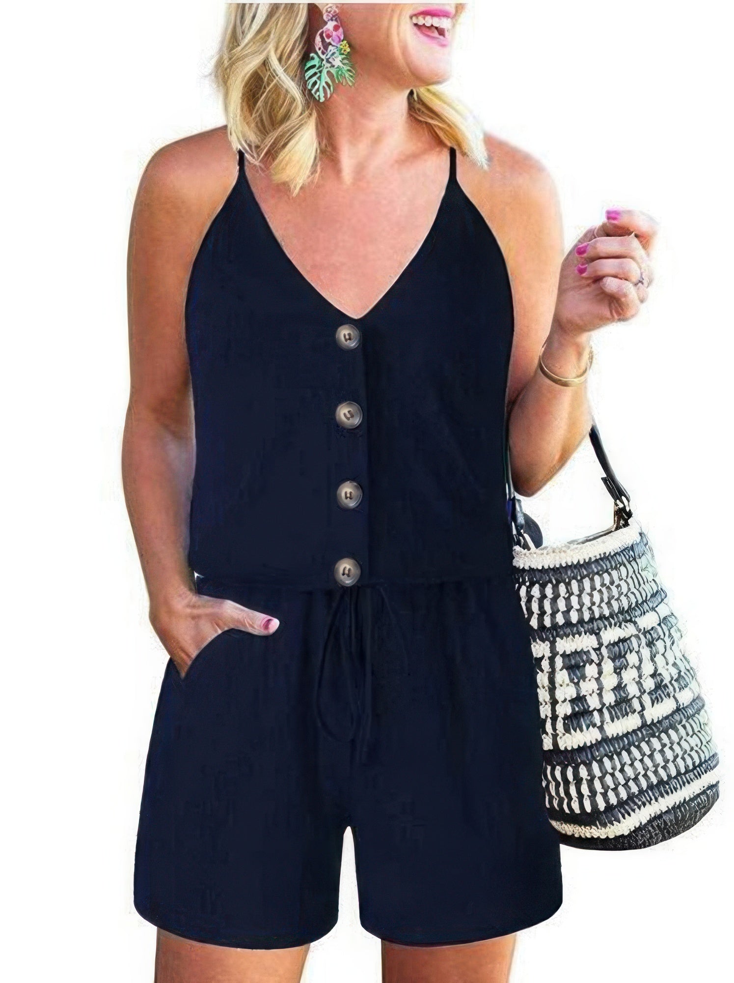 Button Sleeveless Spaghetti Strap Cami Romper - Tigbul's Variety Fashion Shop