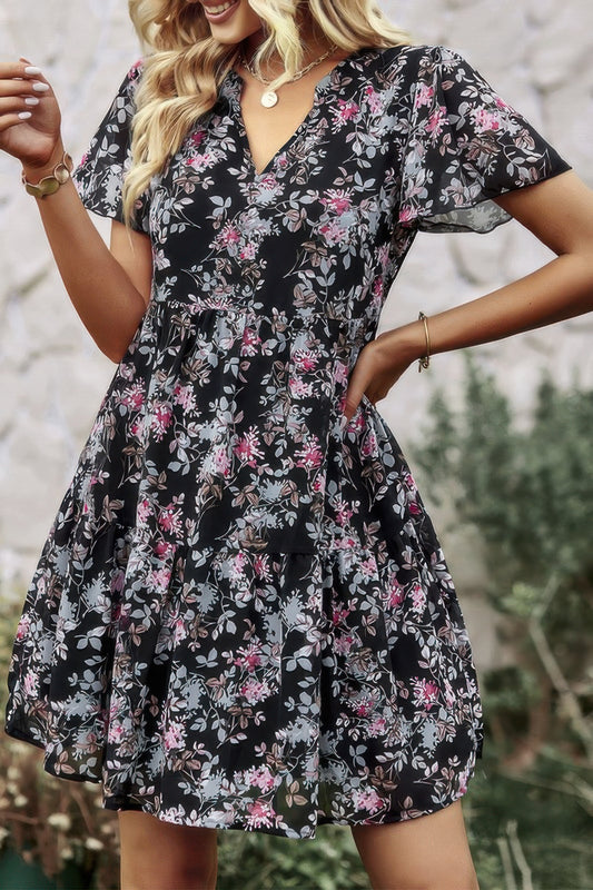 V Neck Bohemian Floral Print A Line Fit Dress - Tigbul's Variety Fashion Shop