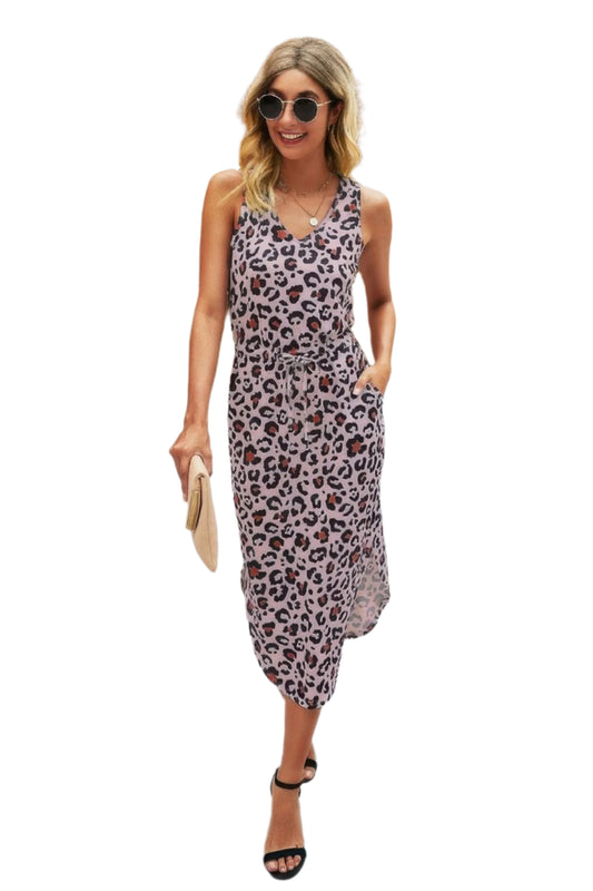 Leopard Printed Deep V Neck Sleeveless Loose Midi Dress - Tigbul's Variety Fashion Shop