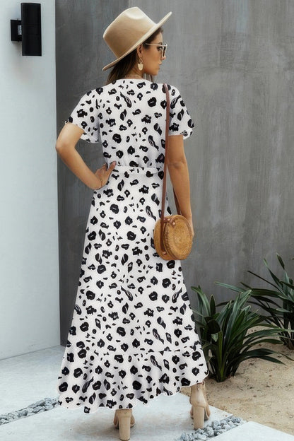 Allover Print High V Neck Low Wrap Dress - Tigbul's Variety Fashion Shop