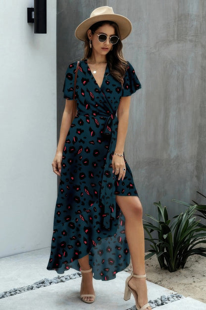 Allover Print High V Neck Low Wrap Dress - Tigbul's Variety Fashion Shop