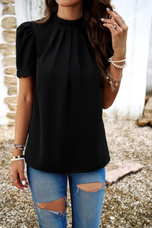 Crew Neck Solid Ruffle Loose Fit Dressy Elegant Shirt - Tigbul's Variety Fashion Shop