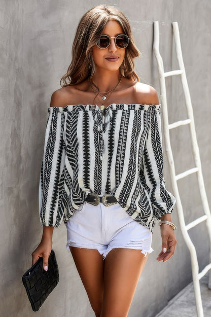 Printed Off Shoulder Frilled Tie Lantern Sleeve Shirt - Tigbul's Variety Fashion Shop