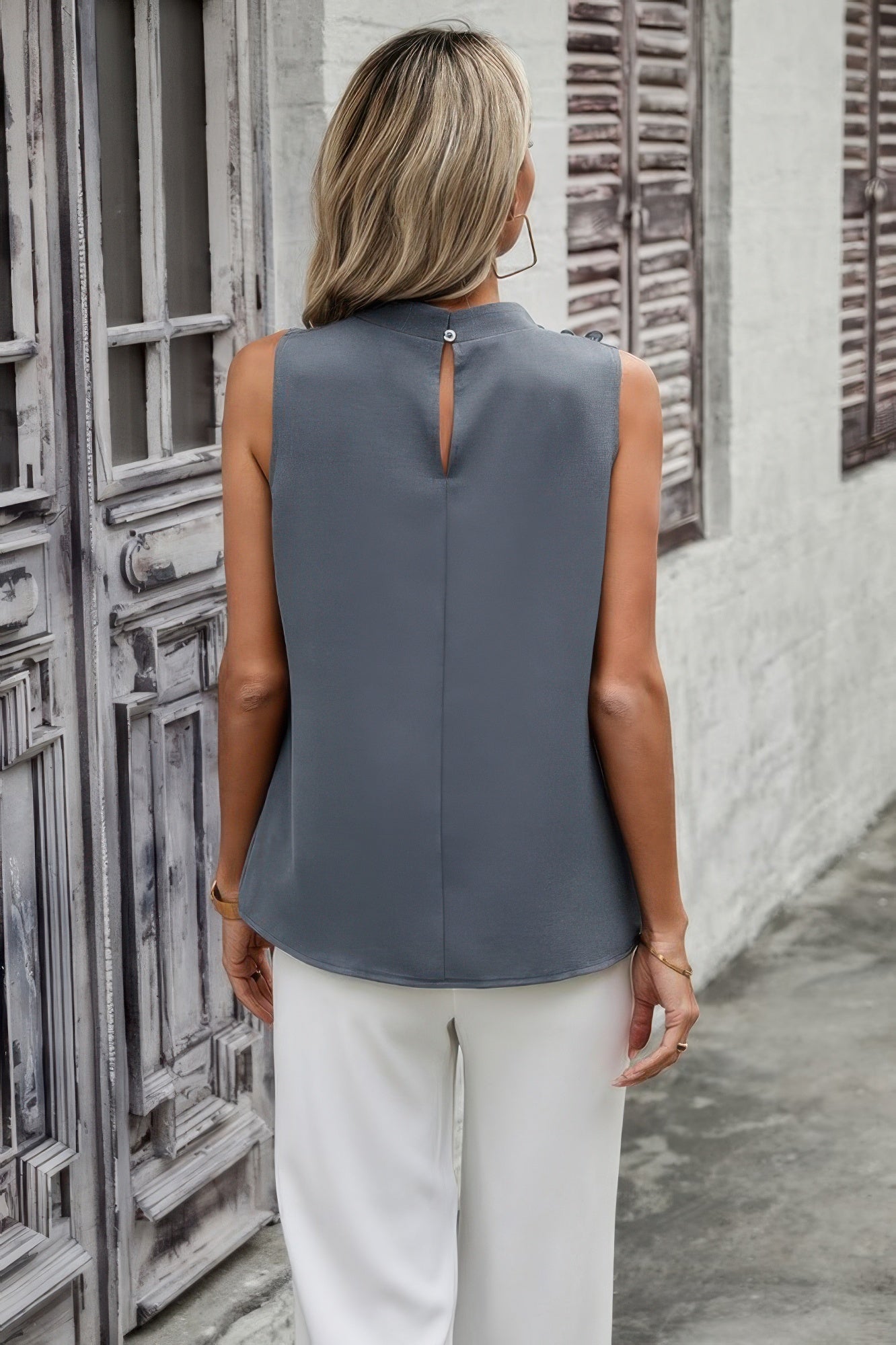 Button Trim Layered Collar Sleeveless Blouse - Tigbul's Variety Fashion Shop