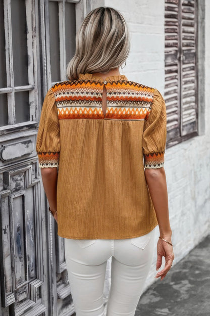 Geometric Print Elegant Textured Puff Sleeve Shirt - Tigbul's Variety Fashion Shop