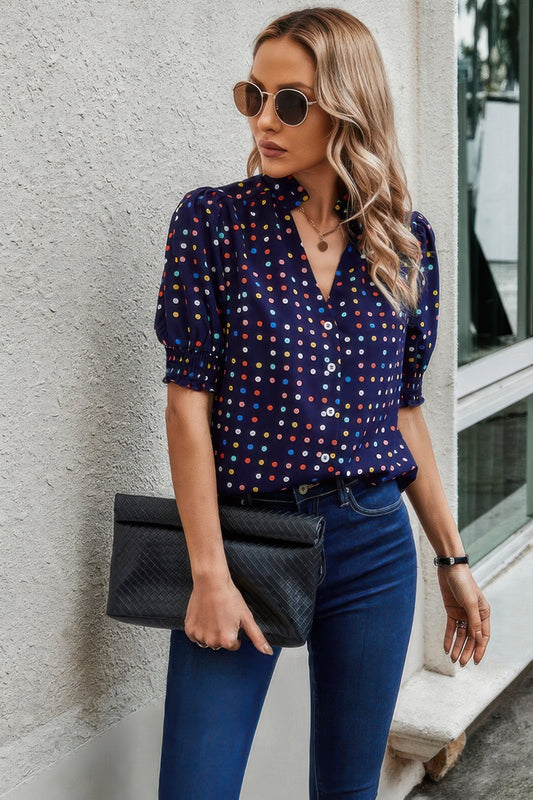 Polka Dot Print Puff Sleeve Loose Shirt - Tigbul's Variety Fashion Shop