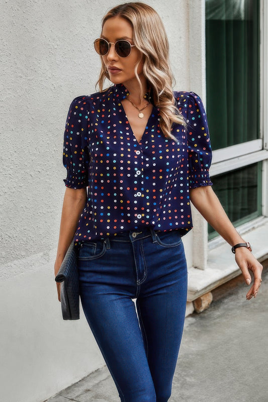 Polka Dot Print Puff Sleeve Loose Shirt - Tigbul's Variety Fashion Shop