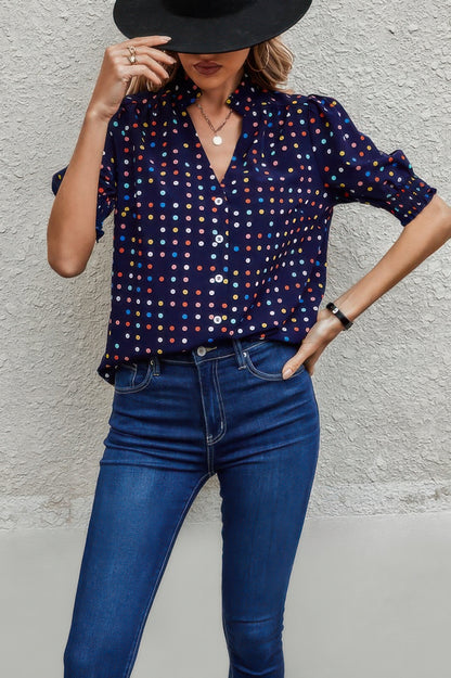 Polka Dot Print Puff Sleeve Loose Shirt - Tigbul's Variety Fashion Shop