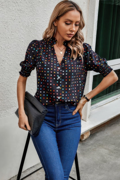 Polka Dot Print Puff Sleeve Loose Shirt - Tigbul's Variety Fashion Shop