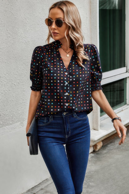 Polka Dot Print Puff Sleeve Loose Shirt - Tigbul's Variety Fashion Shop