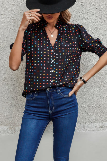 Polka Dot Print Puff Sleeve Loose Shirt - Tigbul's Variety Fashion Shop