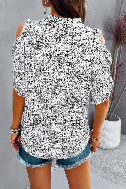 Printed Mandarine Collar Cold Shoulder Loose Top - Tigbul's Variety Fashion Shop