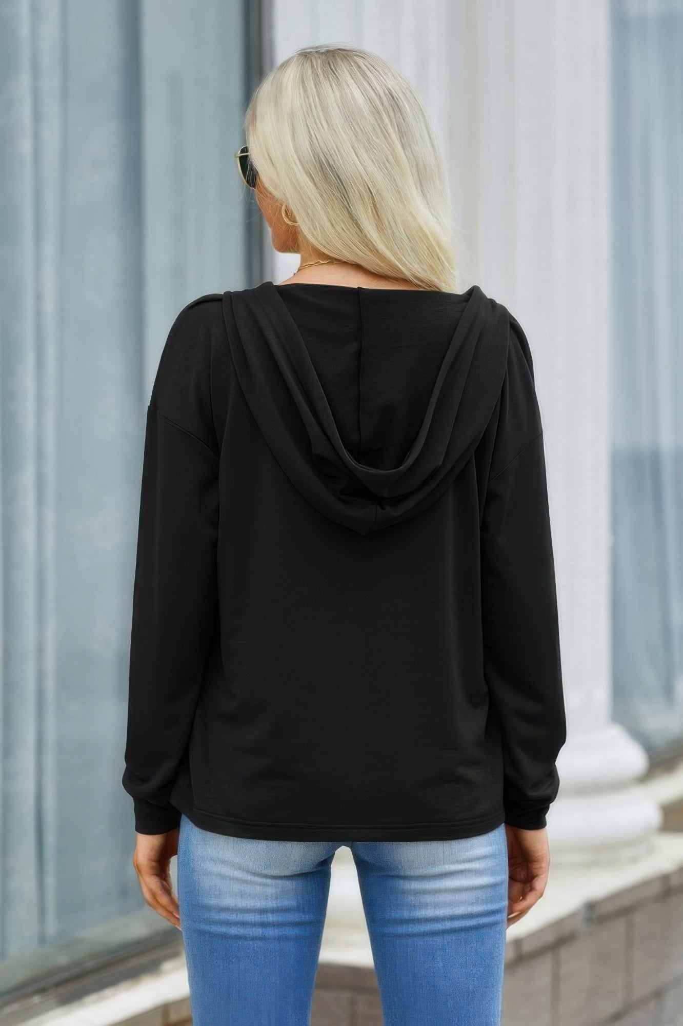 Solid Lace Trim Long Sleeve Loose Hoodie - Tigbul's Variety Fashion Shop
