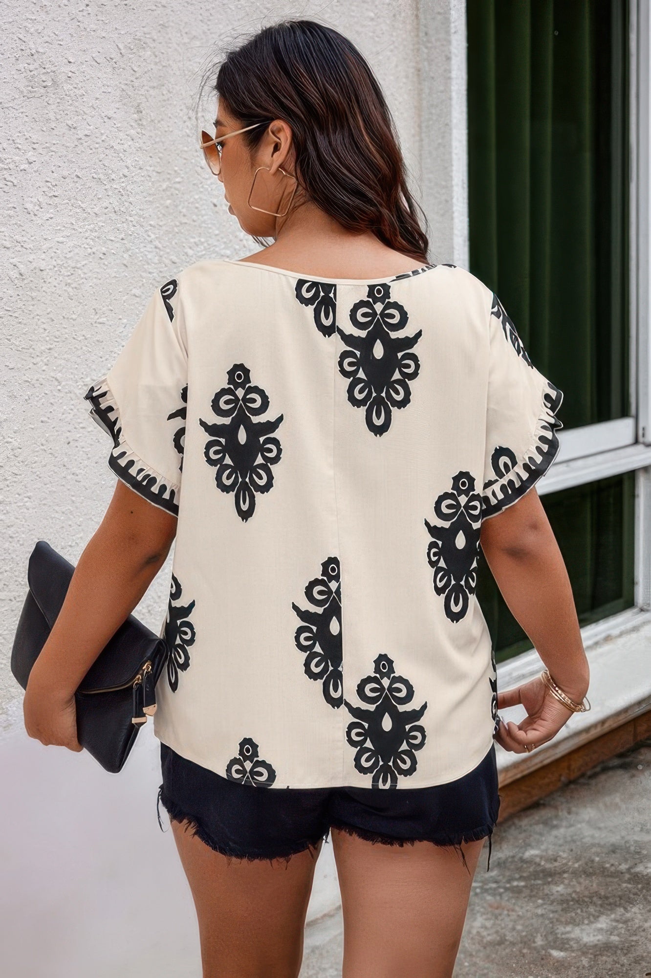 Plus Printed Ruffle Hem Wide Round Neck Beige Blouse - Tigbul's Variety Fashion Shop