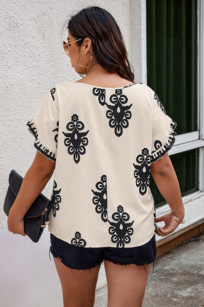 Plus Printed Ruffle Hem Wide Round Neck Beige Blouse - Tigbul's Variety Fashion Shop