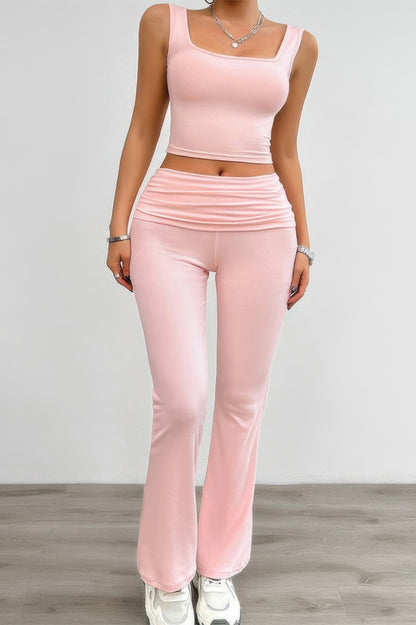 Two Pieces Square Neck Ruched Sleeveless Sets - Tigbul's Variety Fashion Shop