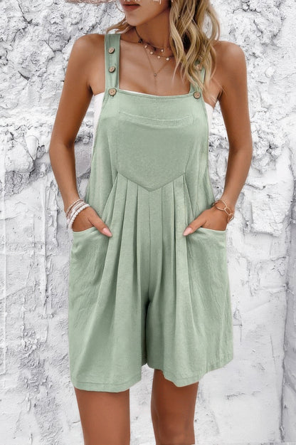 Square Neck Pockets Button Tirm Ruched Romper - Tigbul's Variety Fashion Shop