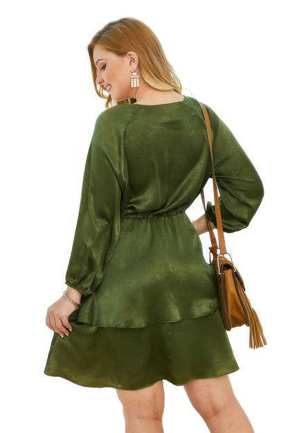 Plus Size Solid V Neck Ruffled Hem Dress - Tigbul's Variety Fashion Shop