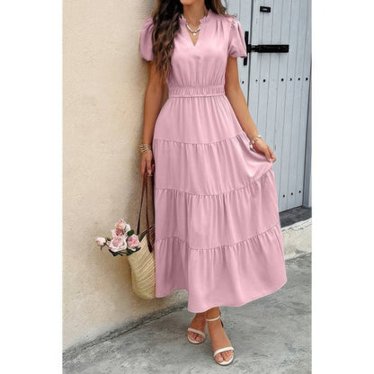 Solid V Neck Color Block Elastic Waist Dress - Tigbul's Variety Fashion Shop