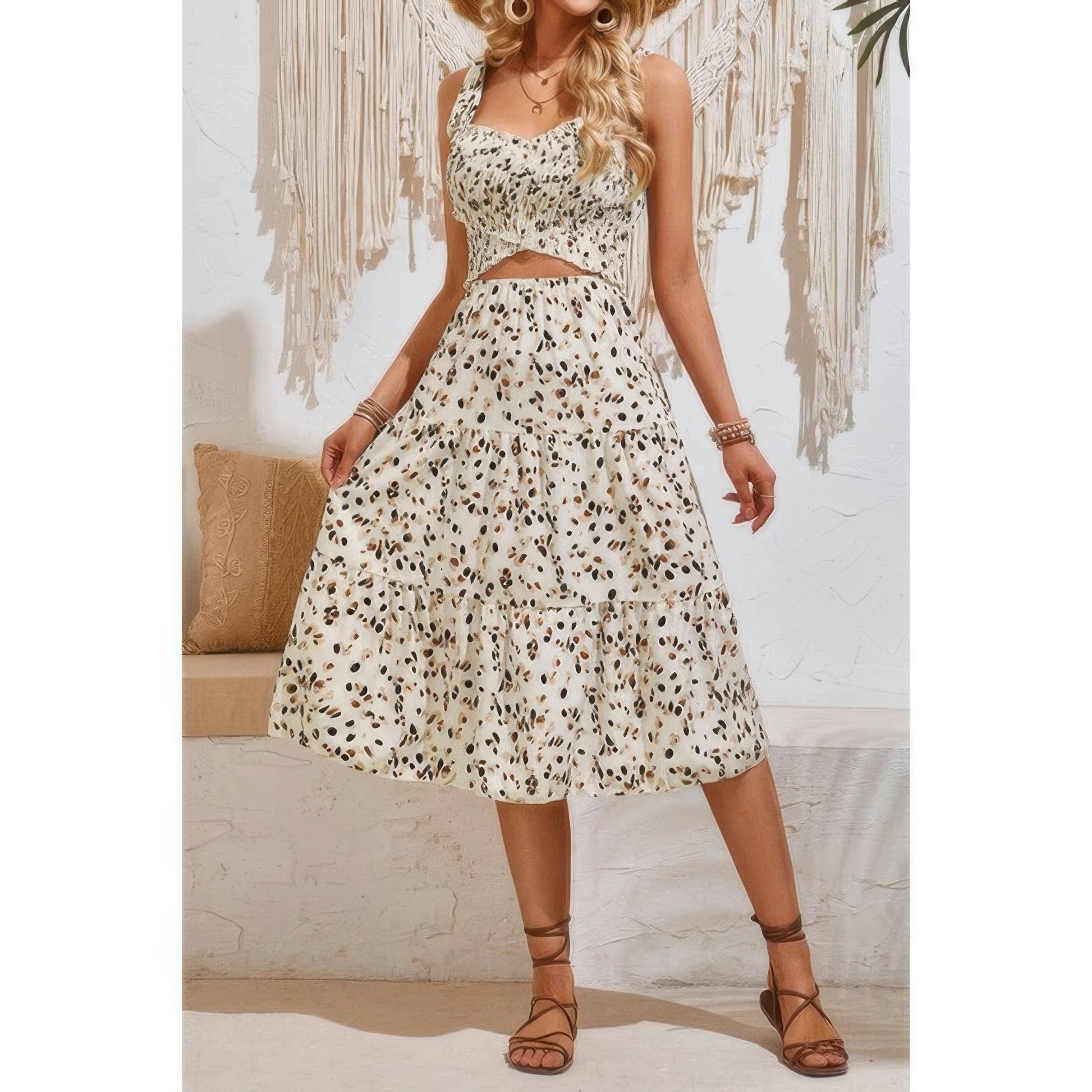 Square Neck Leopard Cut Out Elastic Waist Dress - Tigbul's Variety Fashion Shop