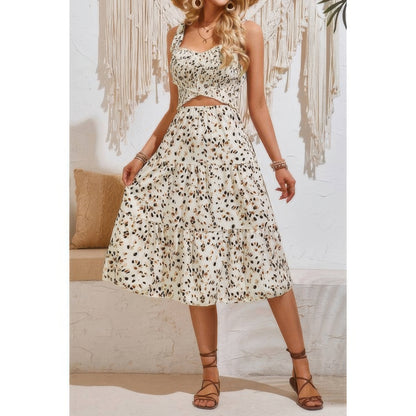 Square Neck Leopard Cut Out Elastic Waist Dress - Tigbul's Variety Fashion Shop