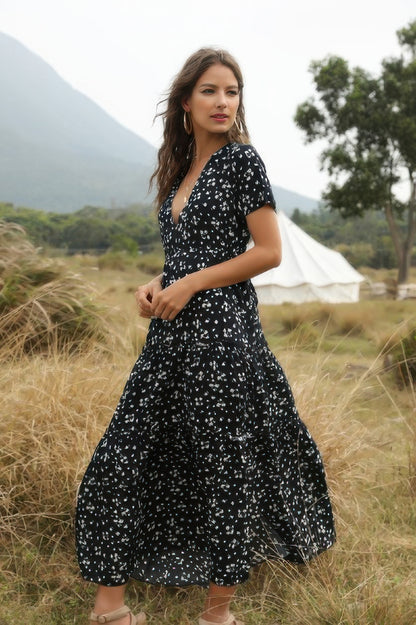Elegant Floral Ruffle Deep V Neck Slit Dress - Tigbul's Variety Fashion Shop