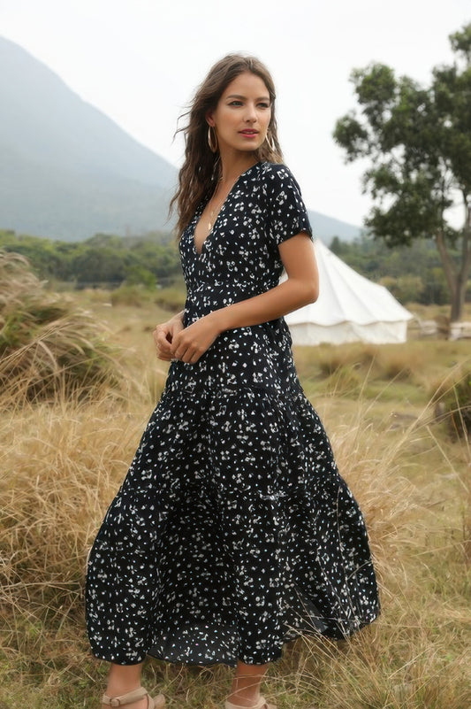 Elegant Floral Ruffle Deep V Neck Slit Dress - Tigbul's Variety Fashion Shop