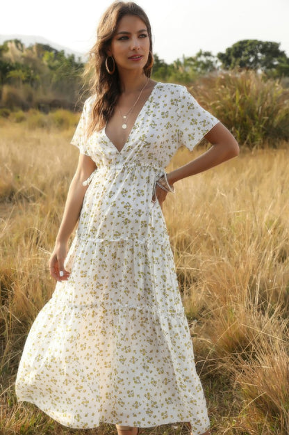 Elegant Floral Ruffle Deep V Neck Slit Dress - Tigbul's Variety Fashion Shop