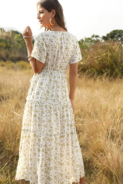 Elegant Floral Ruffle Deep V Neck Slit Dress - Tigbul's Variety Fashion Shop