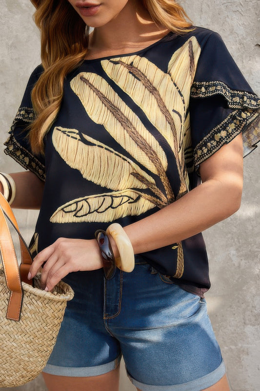 Plus Tropical Print Ruffle Hem Sleeve Blouse - Tigbul's Variety Fashion Shop
