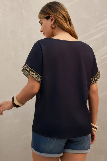 Plus Tropical Print Ruffle Hem Sleeve Blouse - Tigbul's Variety Fashion Shop