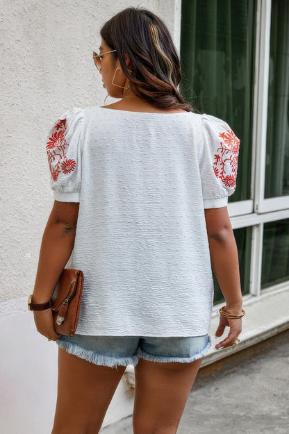 Plus Size Square Neck Floral Puff Sleeve Shirt - Tigbul's Variety Fashion Shop