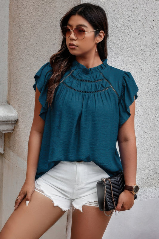 Plus Hollow Out Frill Collar Cap Sleeves Shirt - Tigbul's Variety Fashion Shop