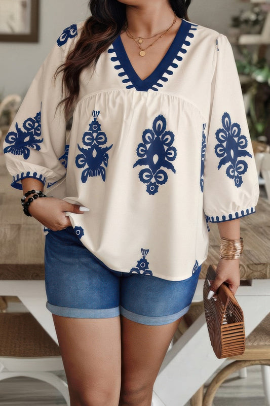 Plus V Neck Geo Print Puff Sleeve Blouse - Tigbul's Variety Fashion Shop