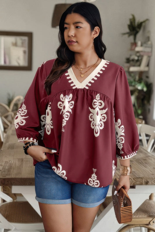 Plus V Neck Geo Print Puff Sleeve Blouse - Tigbul's Variety Fashion Shop