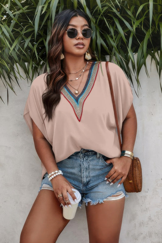 Plus Batwing Short Sleeve Lace V Neck Blouse - Tigbul's Variety Fashion Shop