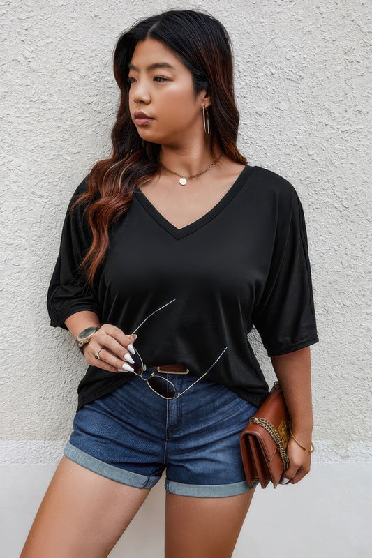 Plus Size Solid Drop Shoulder Short Sleeve Shirt - Tigbul's Variety Fashion Shop