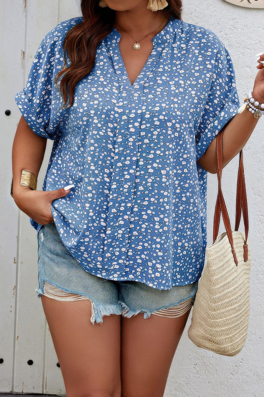 Plus Size Floral Print V Neck Short Sleeve Blouse - Tigbul's Variety Fashion Shop