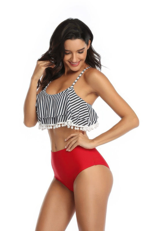 Strip Sleeveless High Waist Ruffle Bikini Sets - Tigbul's Variety Fashion Shop