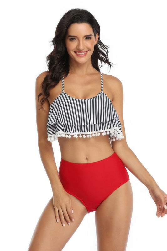 Strip Sleeveless High Waist Ruffle Bikini Sets - Tigbul's Variety Fashion Shop