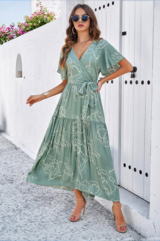Allover Print V Neck Fit Belt A Line Long Dress - Tigbul's Variety Fashion Shop