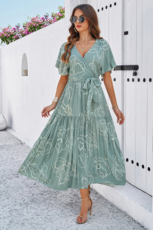 Allover Print V Neck Fit Belt A Line Long Dress - Tigbul's Variety Fashion Shop