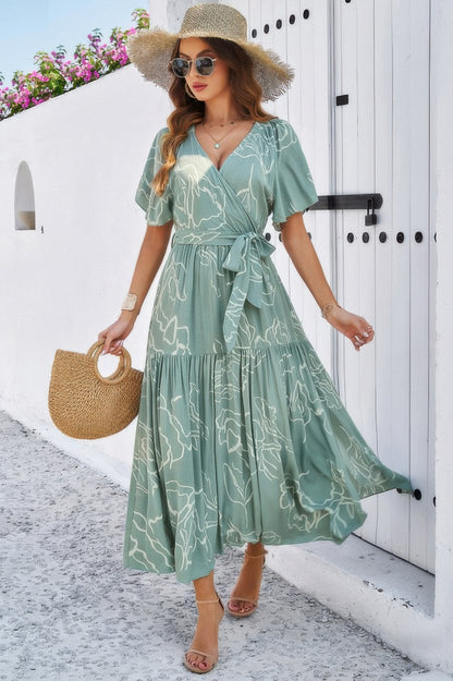 Allover Print V Neck Fit Belt A Line Long Dress - Tigbul's Variety Fashion Shop