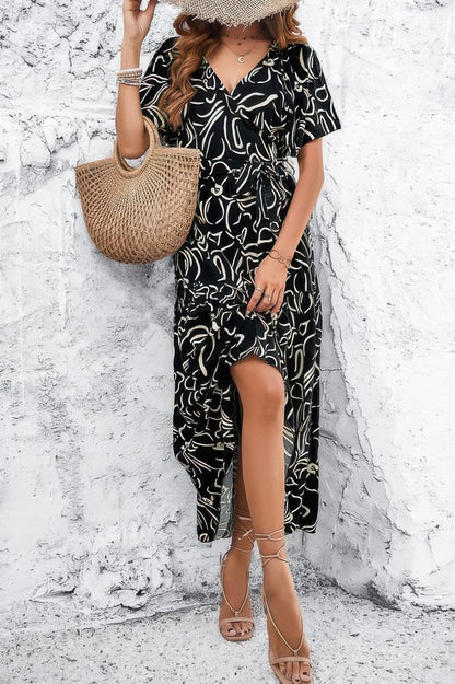 Allover Print V Neck Fit Belt A Line Long Dress - Tigbul's Variety Fashion Shop
