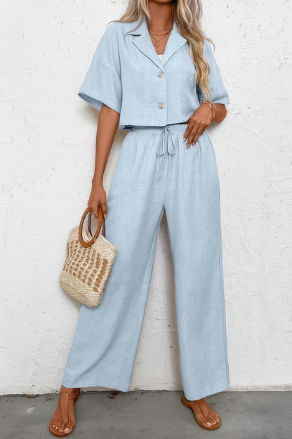 Drop Shoulder Tie Front Wide Leg Pant Set - Tigbul's Variety Fashion Shop