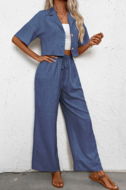 Drop Shoulder Tie Front Wide Leg Pant Set - Tigbul's Variety Fashion Shop