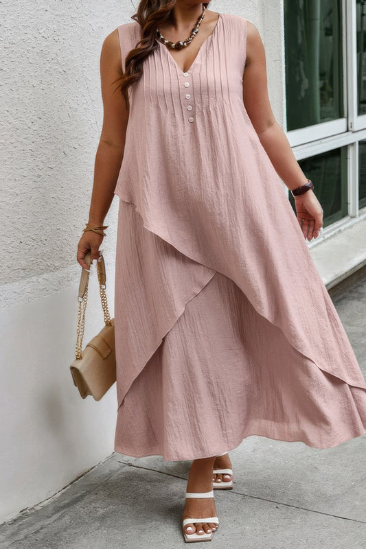 Solid Plus Notched Neck Wrap Sleeveless Loose Dress - Tigbul's Variety Fashion Shop