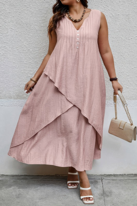 Solid Plus Notched Neck Wrap Sleeveless Loose Dress - Tigbul's Variety Fashion Shop